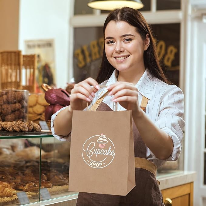 MESHA Gift Paper Bags 200 PACK 8x4.25x10.5'' Brown Medium Shopping Kraft Bags Bulk with Handles Reusable for Business,Grocery,Birthday,Wedding,Kids Party,Favors