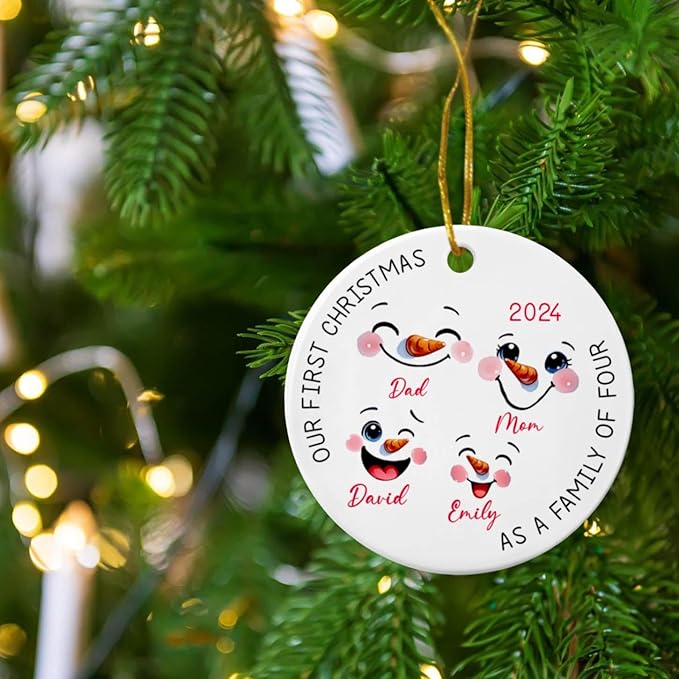 Personalized Our First Christmas As A Family of Four 2025 Ornament - Family of 4 Snowman Face Xmas Keepsake - Custom Names Snowman Family Christmas Tree Gift for Dad Mom Kids