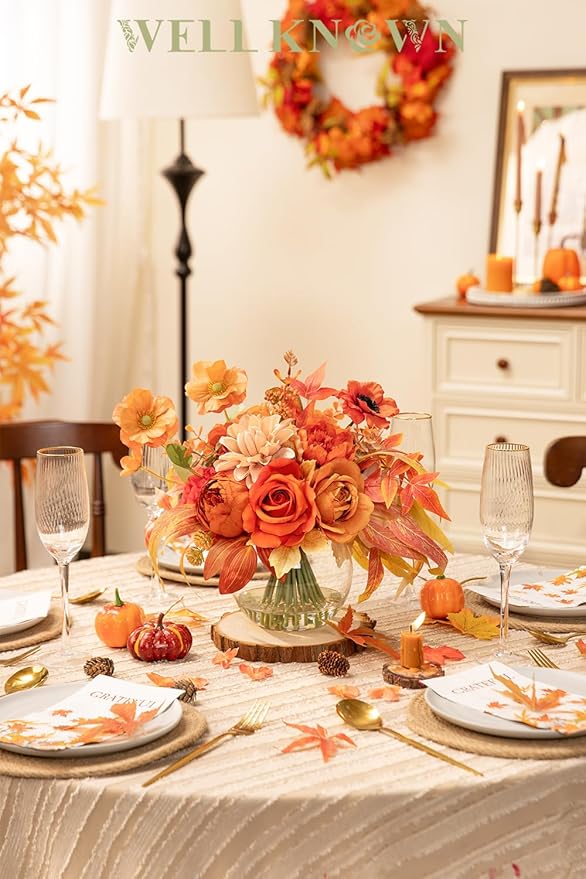 WELL KNOWN Artificial Flowers in Vase, Silk Rose Peony Flower Bouquet Table Centerpieces with Faux Water for Fall Home, Fake Flower & Maple Arrangement for Seasonal Party Decor (Burnt Orange & Earth)