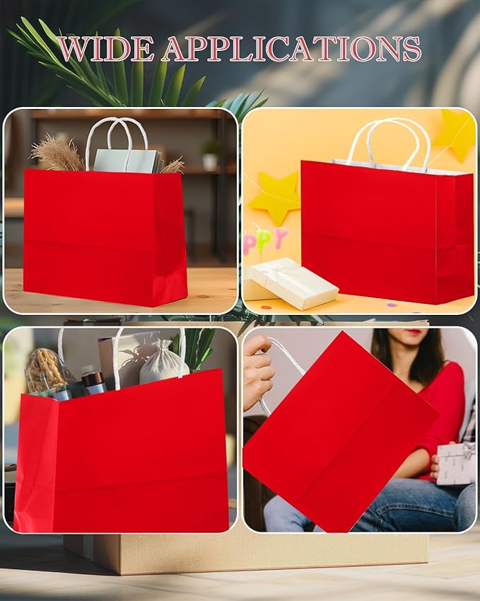 qiqee 100PCS Large Gift Bag with Handles Bulk 13"x4.5"x10" Gift Bags Red Multiple Uses (32x11x25cm,Wide Large)