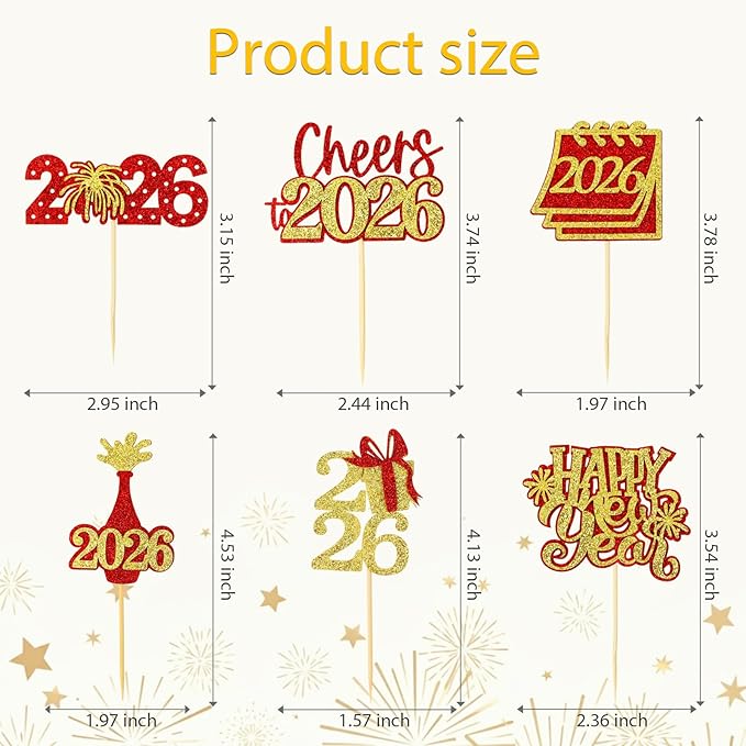 24 Pcs Happy New Year Cupcake Toppers Glitter 2026 Cupcake Picks Fireworks Hello 2026 Cake Decorations for Cheers to 2026 Happy New Year Party Supplies (Red & Gold)