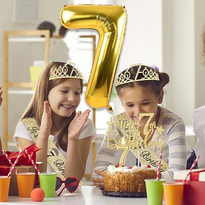 7th Birthday Decorations for Girl with 7th Birthday Girl Sash and Tiara, Candles and Cake Topper, Number Balloons, 7 Year Old Girls Gifts