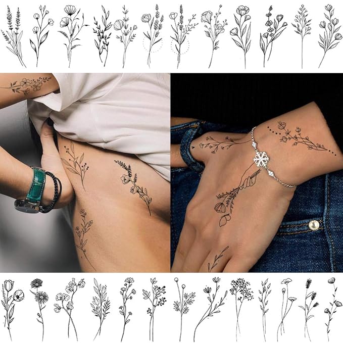 15 Sheets FANRUI Sexy Tiny Branch Black Flower Temporary Tattoos For Women Girl Neck Realistic Floral Bouquet Small Tattoo Temporary Lavender Fake Tattoo Sticker For Adults Face Hands Kit