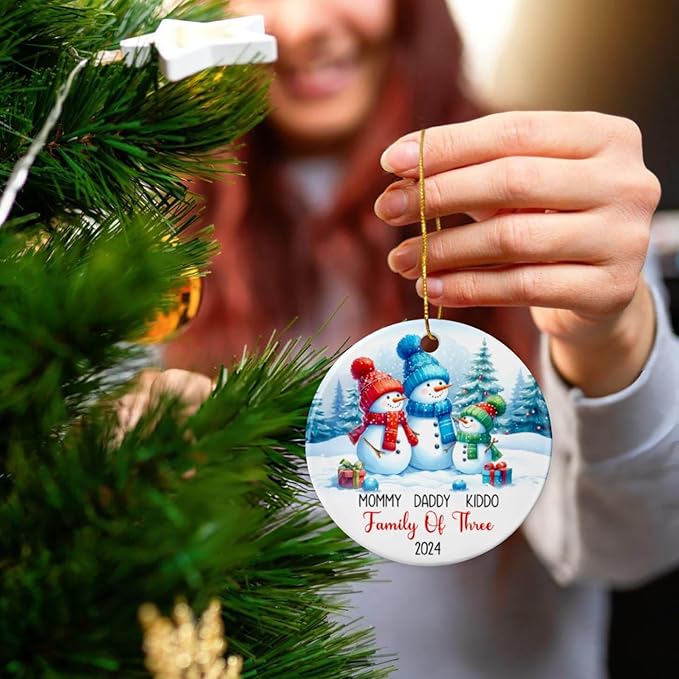 Personalized Snowman Family of Three Christmas Tree Ornament 2025, Dad Mom Baby Snowman Ceramic Ornament, 1st Xmas As a Family of 3 Ornament Gift, Custom Names Snowman Family Ornament Christmas
