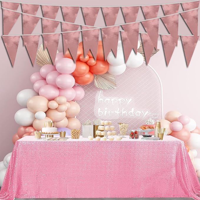 40M/130FT Rose Gold Triangle Pennant Banner Flag Metallic Fabric Bunting Garland for Christmas Wedding Birthday Anniversary Bridal Shower Engagement Graduation Hen Party Decorations Supplies