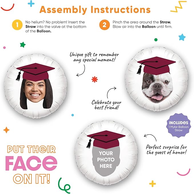Big Dot of Happiness Personalized Maroon Grad Cap Fun Face Photo Balloon, Elementary High School College Burgundy Custom Graduation Party Decorations, Double-Sided Round Circle Mylar, 1 Piece