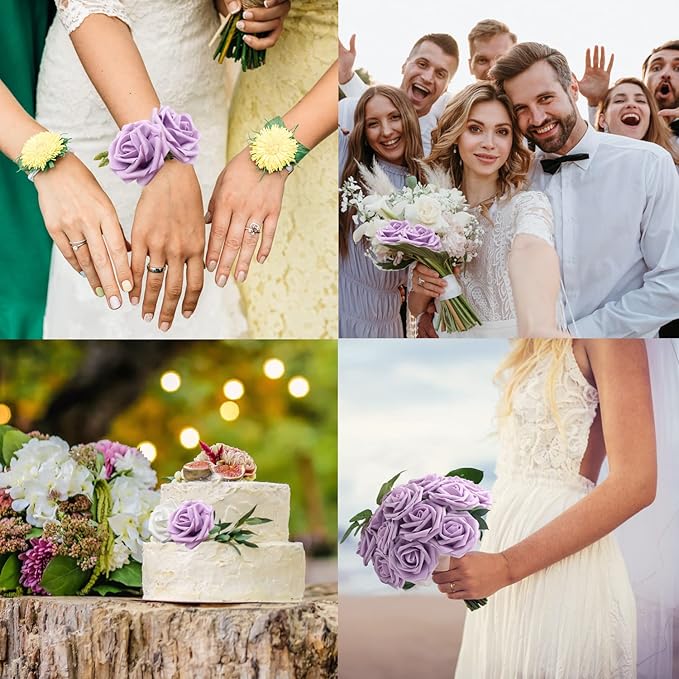 Artificial Flowers Realistic Roses, 50pcs Real Looking Fake Roses with Stem for DIY Wedding Bouquets Centerpieces Bridal Shower Party Home Romantic Decorations (Regular 3" - 50pcs, Light Purple)