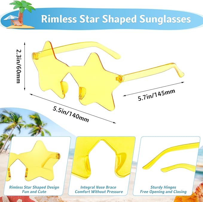 Pibupibu 24 Pack Star/Heart/Butterfly/Flame Sunglasses Bulk, Rimless Fun Colorful Sunglasses for Women Party Favors