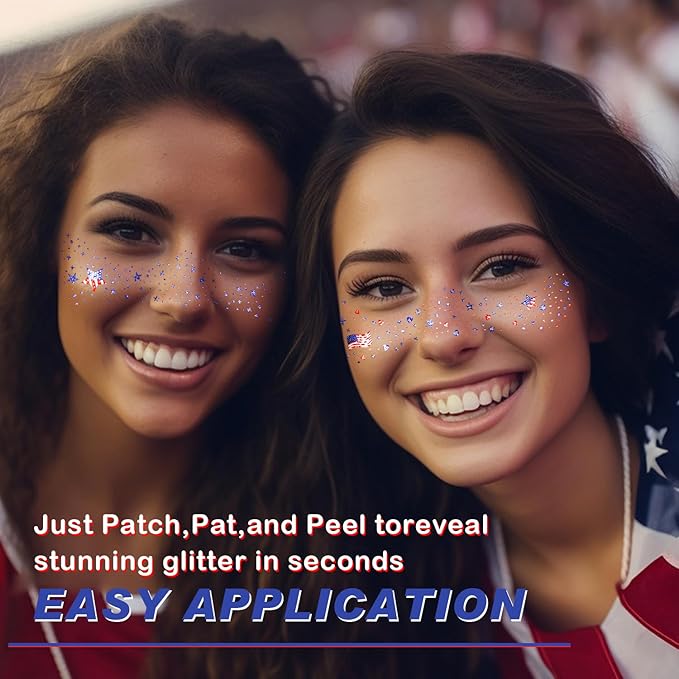 20 Pcs Blue Red and White Glitter Freckles Face Tattoos, Independence Day Glitter Freckles, Waterproof Face Temporary Tattoos for Women and Kids, USA Patriotic, Memorial Day Fake Tattoos