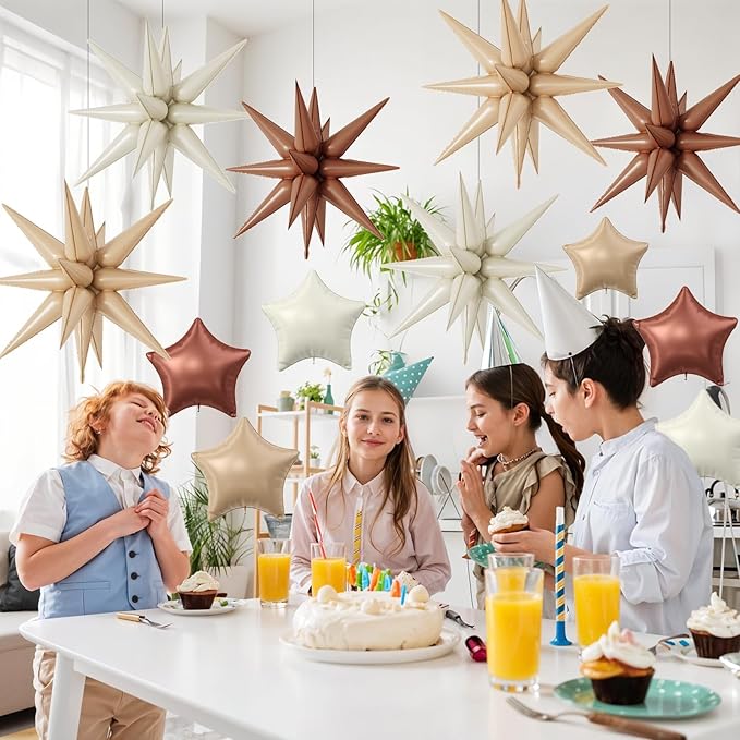18 Pcs Cream Star Balloons, Caramel Brown Balloon with 6 Pcs 22-Inch Explosion Star Balloons 12Pcs 10-Inch Four Pointed Stars Foil Balloon for Boho Wedding Baby Shower Birthday Party Decoration