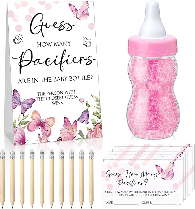 Roowest 512 Pcs Baby Shower Games Guess How Many Pacifiers Sign 100 Small Guessing Games 10 HB Pencils 750ml Milk Bottle 400 Acrylic Pacifiers Decoration for Guest Gender Reveal(Pink,Butterfly)