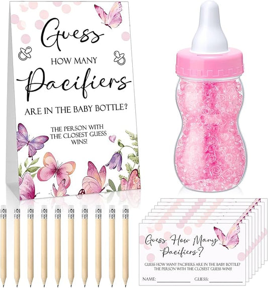 Roowest 512 Pcs Baby Shower Games Guess How Many Pacifiers Sign 100 Small Guessing Games 10 HB Pencils 750ml Milk Bottle 400 Acrylic Pacifiers Decoration for Guest Gender Reveal(Pink,Butterfly)