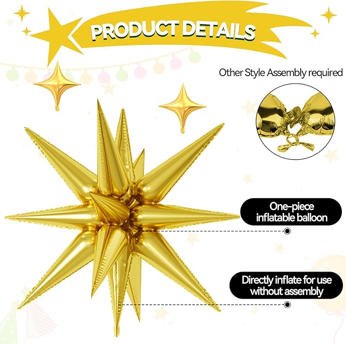 18 Pcs Gold Star Balloons, Gold Balloon with 6 Pcs 22-Inch Explosion Star Balloons 12Pcs 10-Inch Four Pointed Stars Foil Balloon for Anniversary Disco Birthday Party Decorations