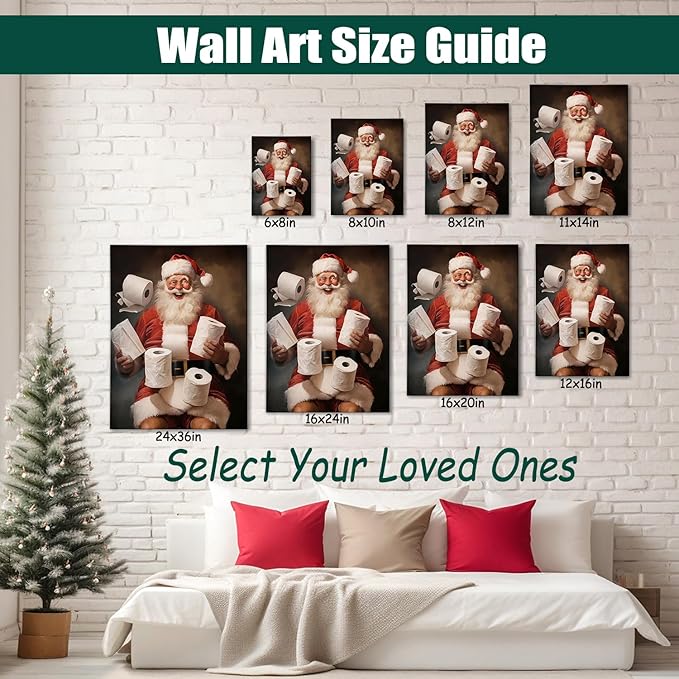 Funny Santa Christmas Canvas Wall Art for Bathroom, Humorous Framed Canvas Prints Ready to Hang, Unique Christmas Gifts for Home & Office Christmas Decorations