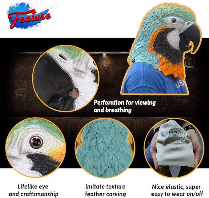 MOKRY PARTY Parrot Bird Head Mask Long Style Head Mask Halloween Cosplay Costume Latex Mask