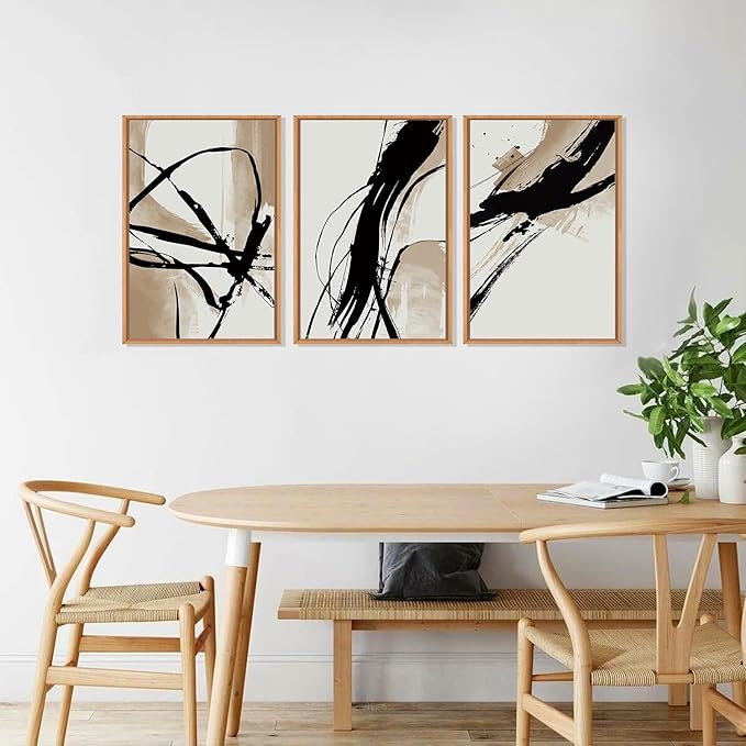 HOURIA Large Abstract Tan and Black Brush Stroke Framed Canvas Wall Art Set,Textured Beige Circle Wall Decor,Minimalism Brown Ink Line Artwork,Modern Shape Art Print for Living Room,Bedroom- 24"x36"x3