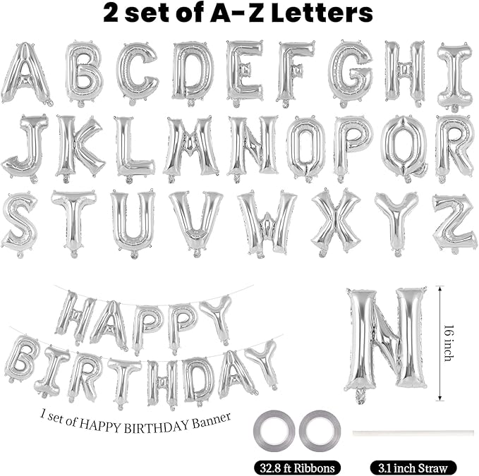 65 Pcs Silver Happy Birthday Balloons and 2 Sets A-Z Letters Foil Balloons, 16 Inch Personalized Name Happy Birthday Banners for Wedding Baby Shower Anniversary Party Decorations (Silver)