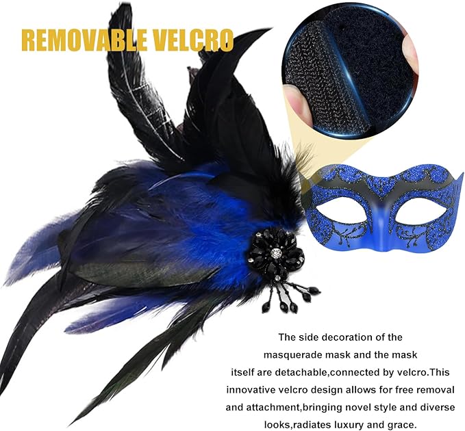 Masquerade Mask for Women Shiny Venetian Mask for Halloween Mardi Gras Costume Party Ball with Feather flower dec.