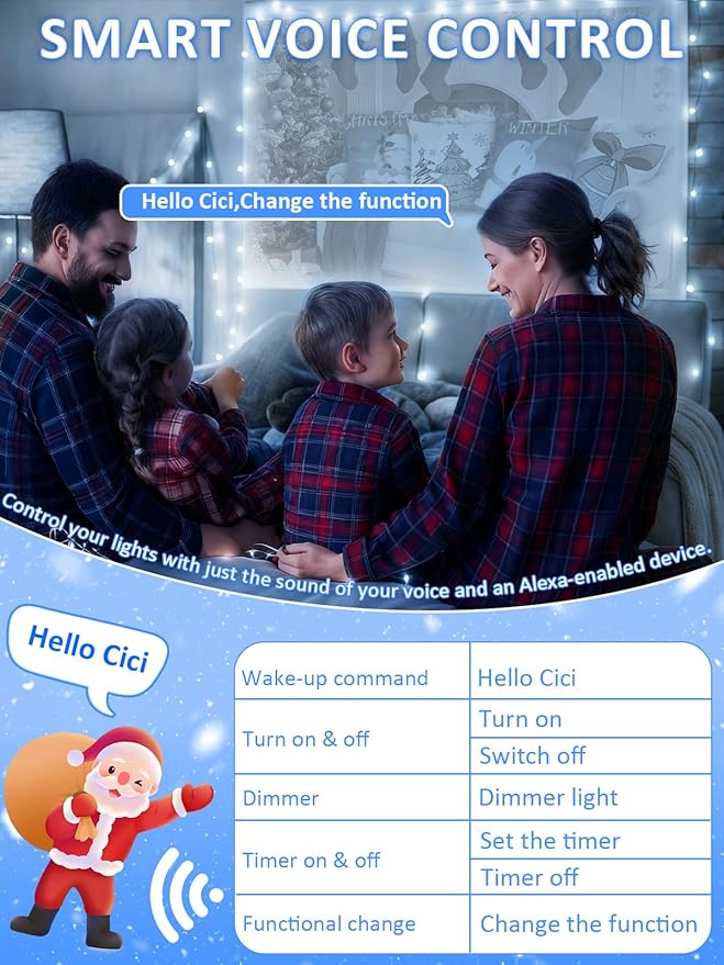 Voice Controlled Smart Christmas Lights Outdoor, 108.8ft 300 LED Twinkle String Light with 7 Voice Commands, 12 Modes & Timer, Dimmable Waterproof Christmas Tree Lights for Party Garden (Cool White)