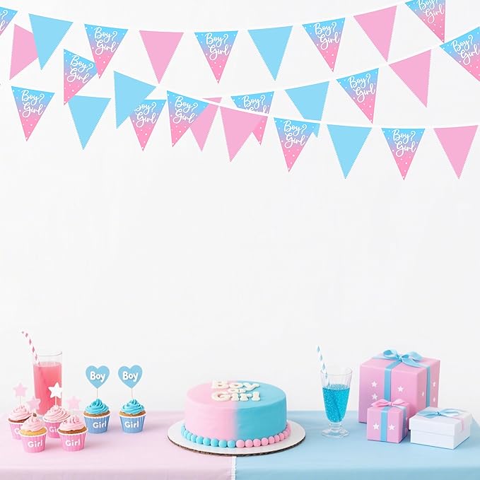 32Ft Gender Reveal Party Decorations Pink Blue Boy or Girl Pennant Banner Fabric Triangle Flag Garland Streamers for Boy or Girl Gender Reveal Baby Shower Pink Blue Birthday Garden Decor Supplies