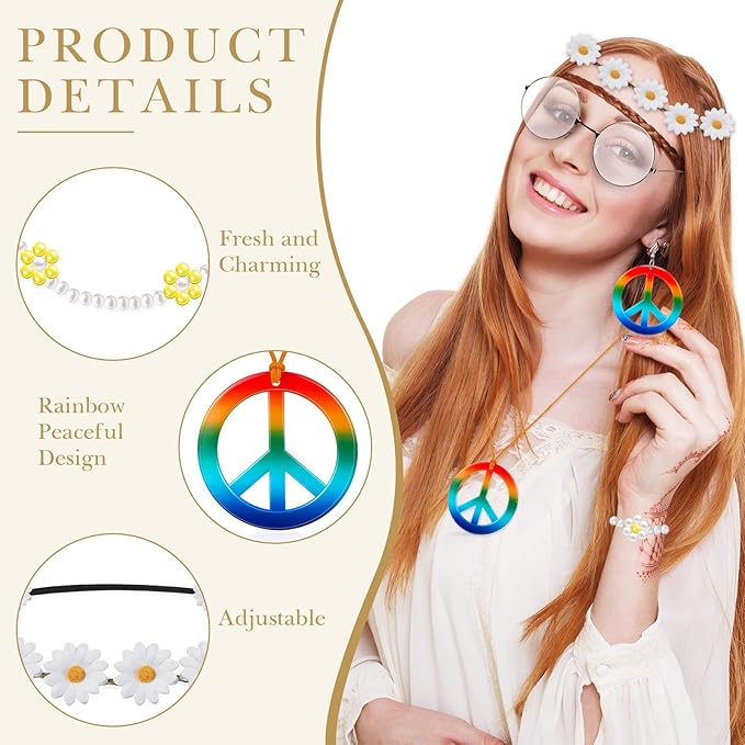 Batiyeer 6 Pcs Hippie Costume Accessories Set, Boho Peace Sign Daisy Flower 60s 70s Party Favors Decor for Groovy Party Women(White)