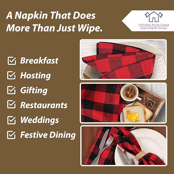 LFH Home 100% Cotton Cloth Reusable Dinner Napkins Set of 12 Washable Soft Decorative Buffalo Plaid Gingham and Checkered Table Napkins for Holidays Wedding Farmhouse Decor 18x18 Inch-Red & Black
