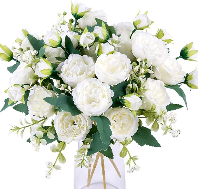 Floweroyal 8 Bunches Peony Artificial Flowers White Flowers Silk Peonies Bouquets for Wedding Party Table Centerpieces Floral Arrangement Home Kitchen Decor