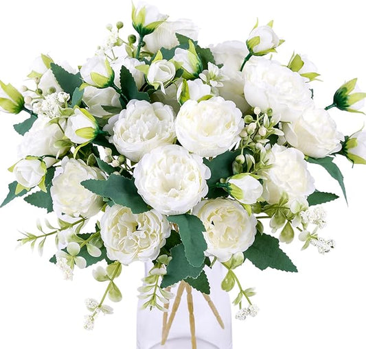 Floweroyal 2 Bunches Peony Artificial Flowers White Flowers Silk Peonies Bouquets for Wedding Party Table Centerpieces Floral Arrangement Home Kitchen Decor