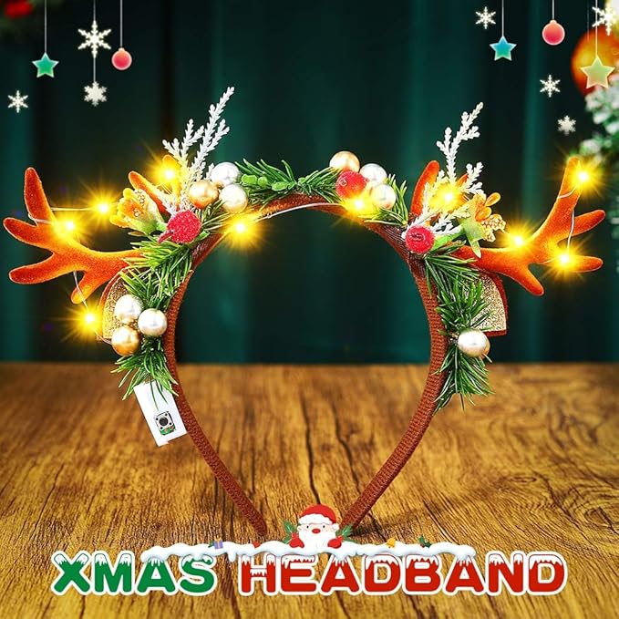 JONKY Christmas Headband Light up Reindeer Antlers Headpiece Xmas Party Costume Hair Accessories for Women