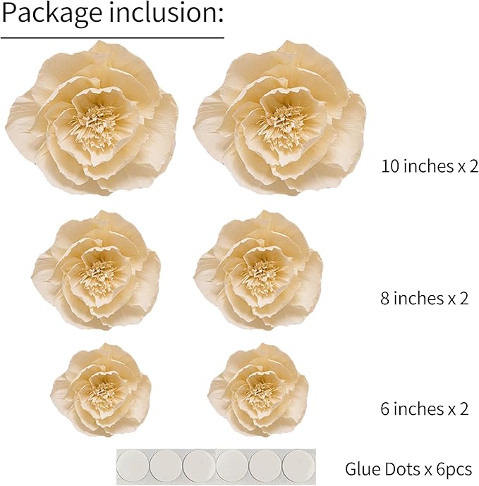 Crepe Paper Flowers Decoration for Wall, Flowers for Wedding Decor,Flower Backdrop Decor,Baby Shower,Birthday Party,Photo Backdrop,Archway Decor, Nursery Wall Decor(Beige,Set of 6)