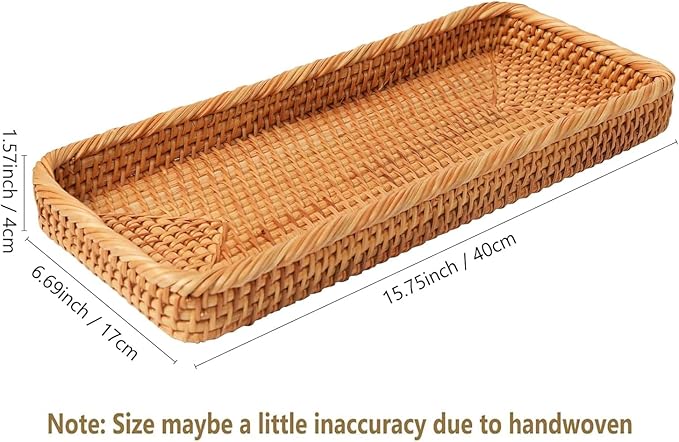 Rectangular Rattan Tray, Long Woven Tray Rectangle Tray, Flat Rattan Serving Tray for Breakfast, Drinks, Snacks(15.75''x6.69''x1.57'')