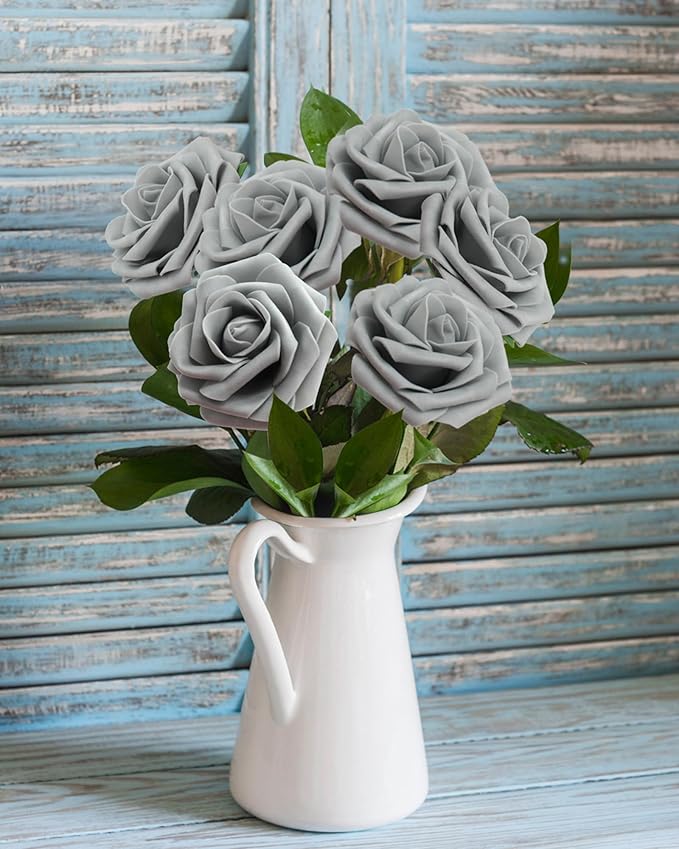 JOYLEX 100Pcs Grey Artificial Flowers Realistic Roses, Real Looking Fake Roses with Stem for DIY Wedding Bouquets Centerpieces Bridal Shower Party Home Romantic Decorations (Grey,100pcs)