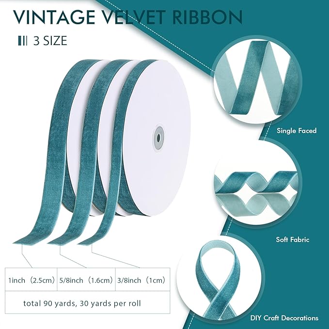 Yilloog 3/8'' 5/8'' 1'' 90 Yards Christmas Velvet Ribbon Vintage Satin Fabric Velvet Ribbon Roll for Christmas Tree Ornaments Decoration Gift Wrapping Bow DIY Crafts (Teal Blue)