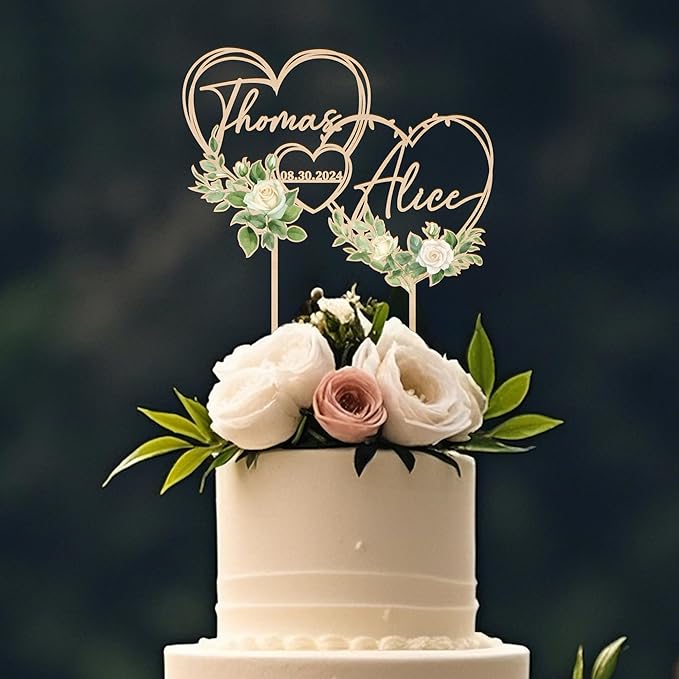 Personalized Hearts Wedding Cake Topper in Acrylic and Wood Custom Bride Groom Names and Wedding Date White Floral Design Cake Decoration