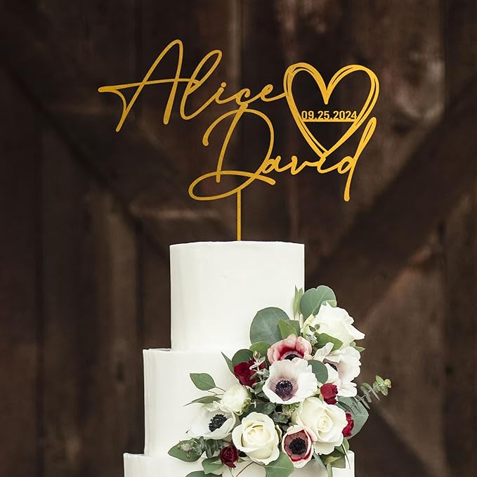 Noni Luxury Personalized Wedding Cake Topper with date and hear, Custom Cake topper, Gold Cake Topper wedding, Rustic Wedding Cake Topper, Mr and Mrs Topper for Wedding Cake, Personalized Cake Topper