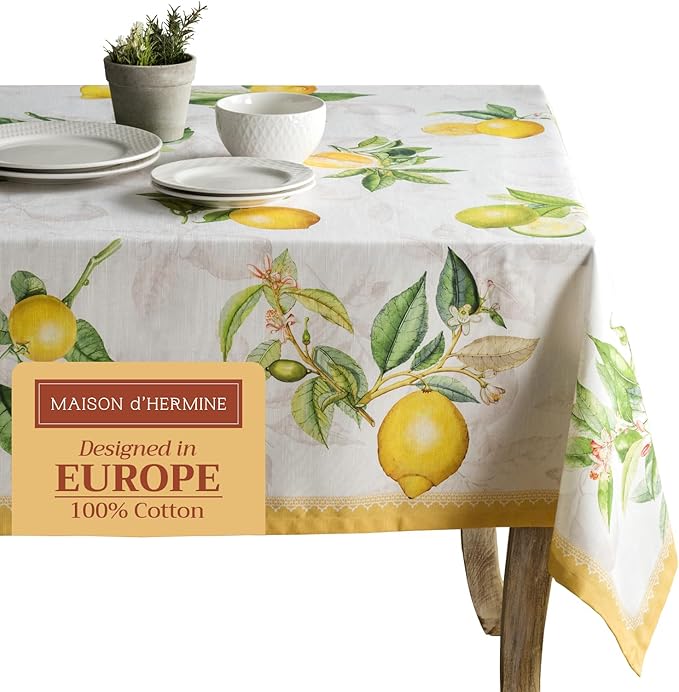 Maison d' Hermine Table Cloth Rectangle Table 100% Cotton 70 x 120 Inches Tablecloth Reusable Decorative for Dining Room, Farmhouse, Home, Party, Festive & Wedding Spring Summer - Limoncello