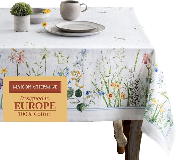 Maison d' Hermine Table Cloth Rectangle Table 100% Cotton 60 x 120 Inches Tablecloth Reusable Decorative for Dining Room, Farmhouse, Home, Party, Festive & Wedding Spring Summer - Fleurs De Mai