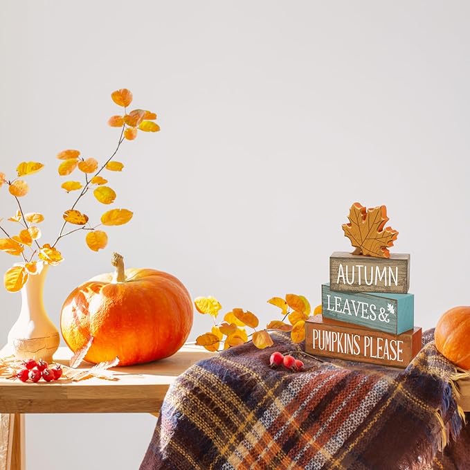 4 Pcs Thanksgiving Decorations for Home Fall Decor Wooden Maple Leaf Thanksgiving Table Centerpiece Fall Tiered Tray Rustic Wood Maple Leaf Block Sign Farmhouse for Home Kitchen Shelf