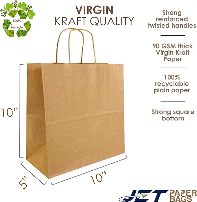 JET PAPER BAGS - 10”x5”x10” Inch [50 Pcs] Medium Brown Paper Bags with Handles Prime for Takeout, Grocery, Goody, Retail, Party, Gifts, Weddings - Recyclable Kraft Paper Gift Bags with Handles
