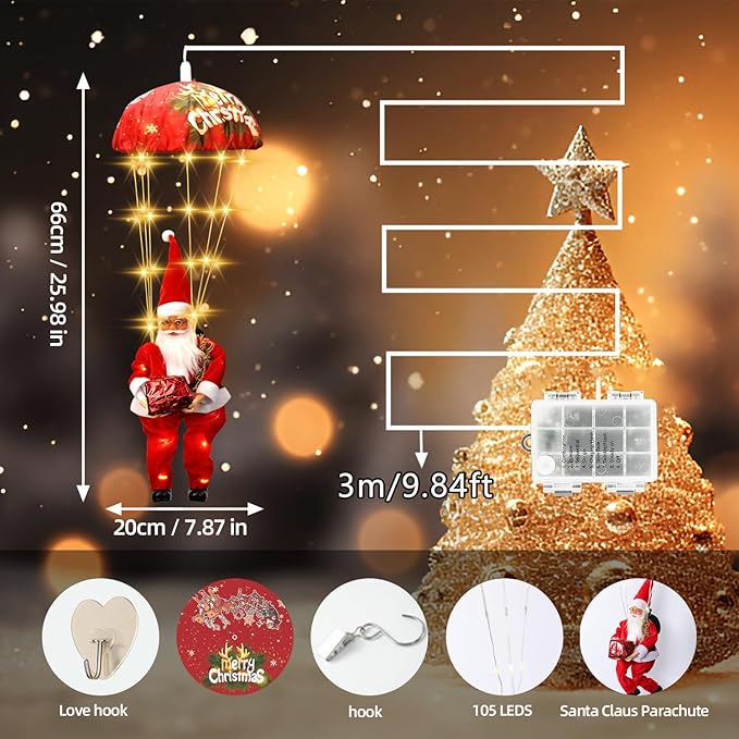Xmas Santa Claus Parachute Lights - 105 LED 8 Modes 3AA Battery Operated, Warm White Hanging Christmas Decorative Lights for Indoor Outdoor Porch Garden Party Yard