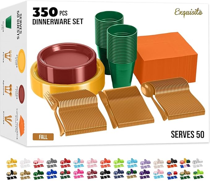 Party Solids 350 Pieces Thanksgiving Plastic Plates For Party, Thanksgiving Disposable Plates Set, 50 Of Each 9" Dinner Plate Set, 7" Dessert Plate, Cups, Napkins & Cutlery Plastic Dinnerware