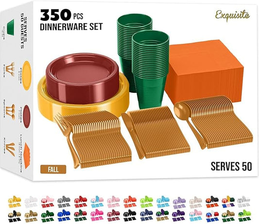 Party Solids 350 Pieces Thanksgiving Plastic Plates For Party, Thanksgiving Disposable Plates Set, 50 Of Each 9" Dinner Plate Set, 7" Dessert Plate, Cups, Napkins & Cutlery Plastic Dinnerware