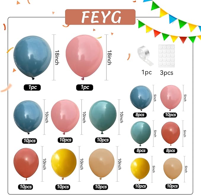 Rainbow Balloons Arch Garland Kit, Dusty Blue Blush Pink Balloon Retro Mustard Yellow Slate Blue Balloon Assorted Colorful Balloons for Baby Shower Boho Birthday Decorations
