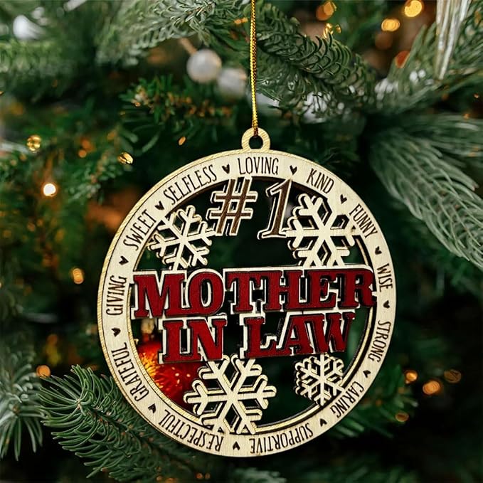 #1 Mother-in-Law Wooden Christmas Ornament – Rustic Holiday Tree Hanging Decoration, Unique for Mother-in-Law, Stocking Stuffer Keepsake
