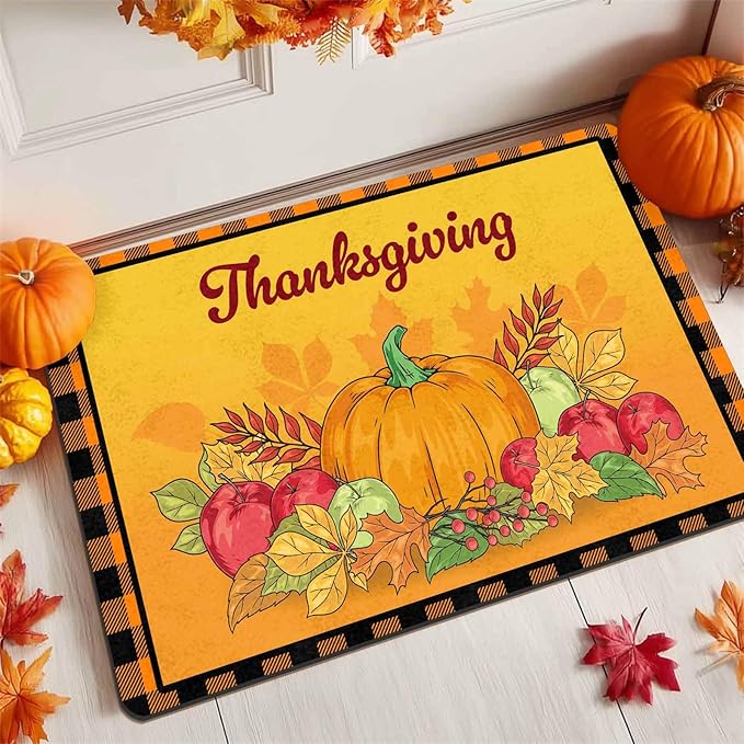 InterestPrint Happy-Thanksgiving Welcome Harvest Pumpkin Door Mat Front Door Outdoor Doormat Outside Entrance Porch Non Slip Rubber Rug Autumn Thanksgiving Farmhouse Decor, 24"x16"inch
