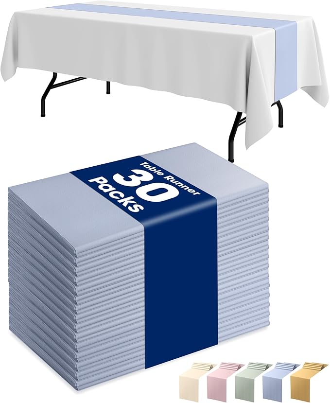 Pureegg Dusty Blue Plastic Table Runners - 30 Pack, 14'' x 108'', Water Resistant & Disposable Centerpiece Decorations for Table Cloth, Wedding, Birthday, Holiday, Baby Shower, Party, Home Decor