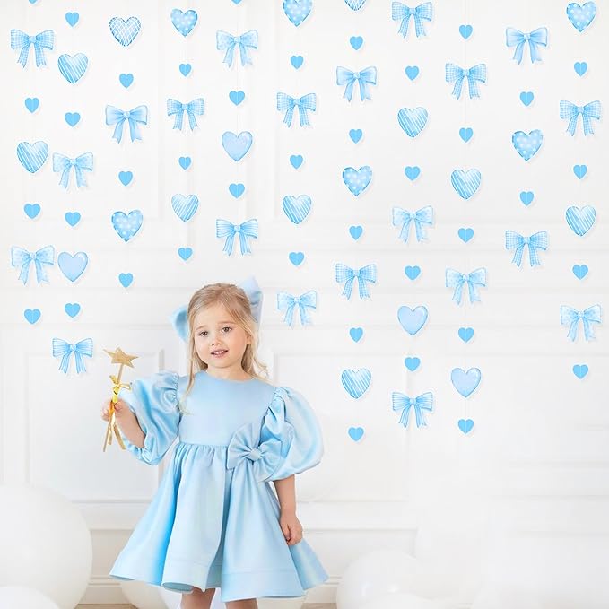 Blue Bow Decorations Blue Plaid Twill Polka Dot Bow Heart Hanging Streamer Garland Banner for Baby Shower Birthday Wedding Bridal Shower Bachelorette Coquette Anniversary Party Decorations Supplies
