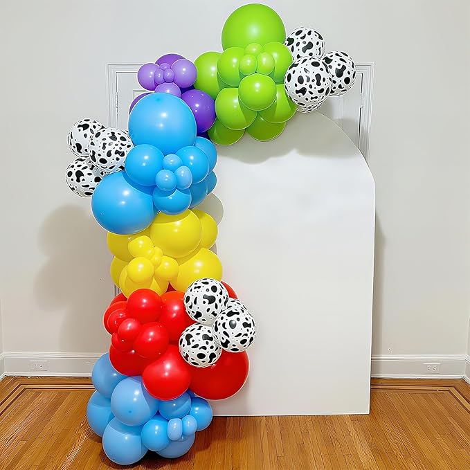 Red Yellow Blue Balloons Arch Kit Red Blue Green Yellow Latex Balloon Garland with Cow Print Party Balloons for Kids Boys Birthday Party Farm Themed Party Decorations