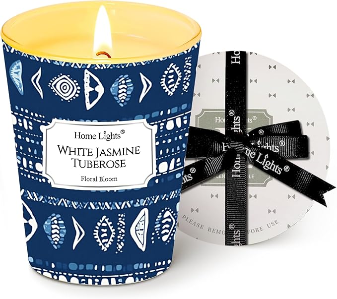 HomeLights Scented Candles for Women & Men, 6.7oz Candle Jars Aromatherapy Single Wick Candle, Ideal for Bohemian Natural Textures Home Decor and Gifts, White Jasmine Tuberose