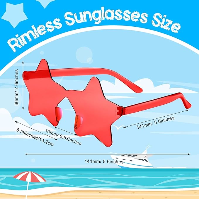 PLULON 15 Pairs Star Sunglasses Rimless Star Shape Sunglasses, Colorful Star Glasses Bulk Bachelorette Party Favors for Birthday Beach Kids Adult - Red